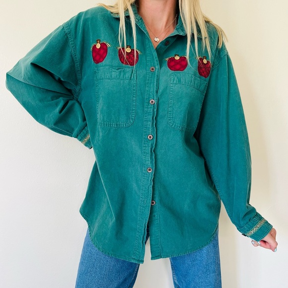 vintage 90s apple button down shirt blouse green cotton appliqué long sleeve top - Picture 2 of 6